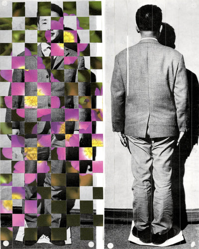 Black and White Collage Poster of Man Facing Backwards